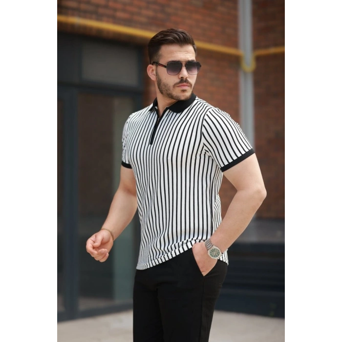 Erkek çizgili Fermuar Yakalı Kısa Kollu Tişört