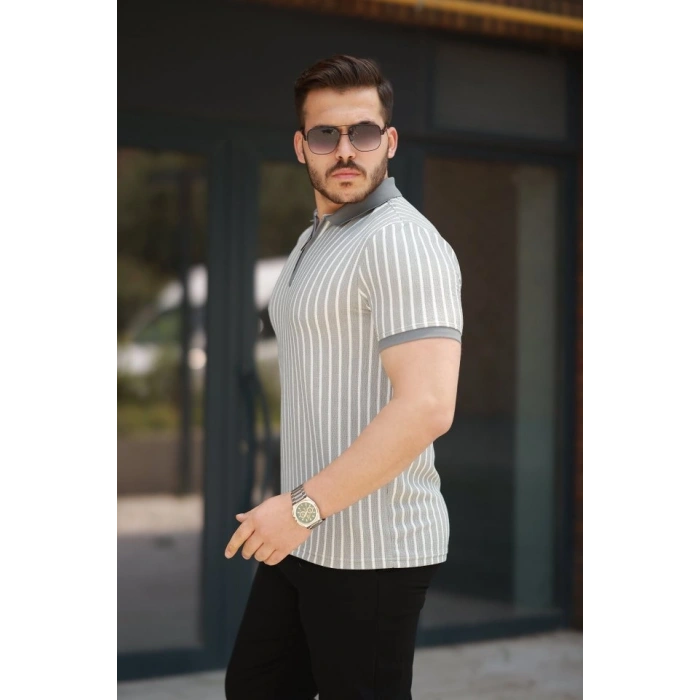 Erkek çizgili Fermuar Yakalı Kısa Kollu Tişört
