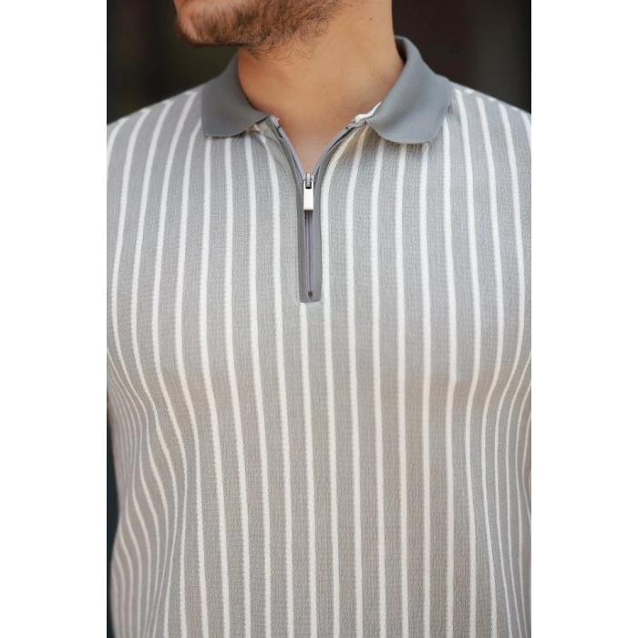 Erkek çizgili Fermuar Yakalı Kısa Kollu Tişört