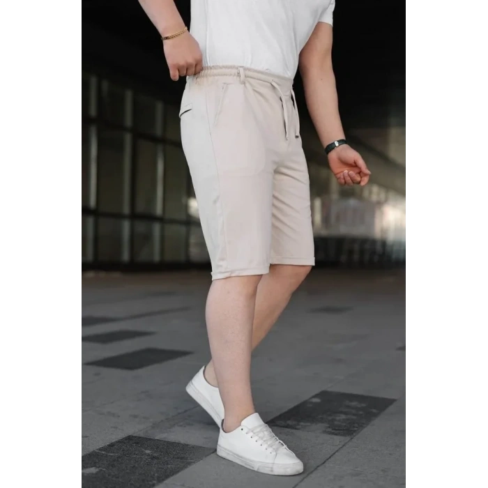 Erkek Diagonel Kumaş Duble Paça Cepli Bağcıklı Bel Lastikli ŞORT - Krem