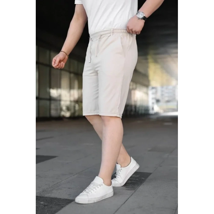 Erkek Diagonel Kumaş Duble Paça Cepli Bağcıklı Bel Lastikli ŞORT - Krem