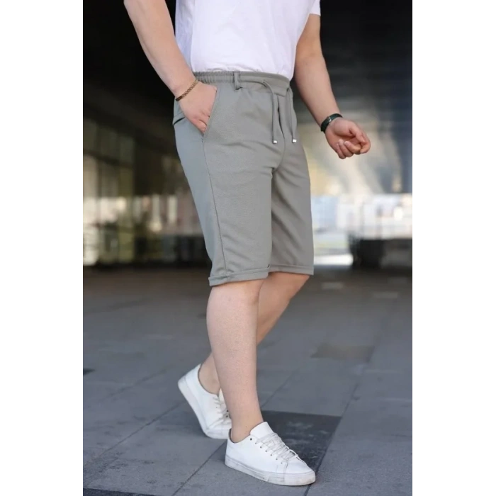 Erkek Diagonel Kumaş Duble Paça Cepli Bağcıklı Bel Lastikli ŞORT - Mint Yeşili