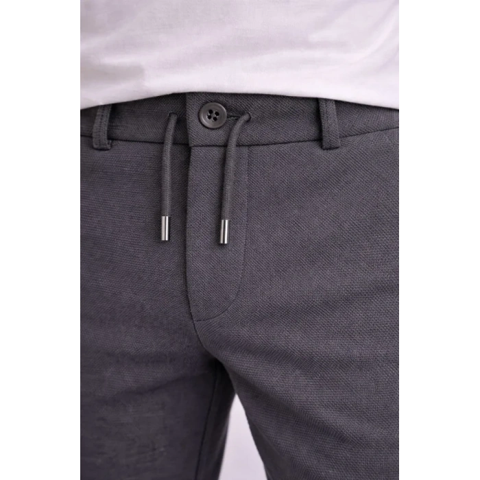 Erkek Diagonel Mikro Dokulu Duble Paça Cepli Pantolon Bağcıklı Bel, Modern Kesim - Füme