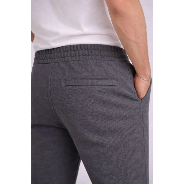 Erkek Diagonel Mikro Dokulu Duble Paça Cepli Pantolon Bağcıklı Bel, Modern Kesim - Füme