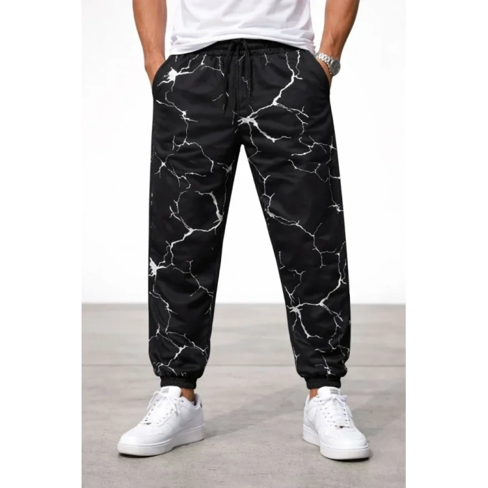 Erkek Dijital Baskılı Eşofman Altı Kışlık Üç İplik Şardonlu Kumaş Lastikli Paça, Cepli, Rahat Kalıp - Siyah