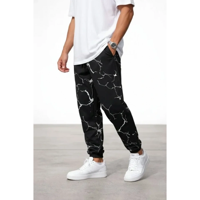 Erkek Dijital Baskılı Eşofman Altı Kışlık Üç İplik Şardonlu Kumaş Lastikli Paça, Cepli, Rahat Kalıp - Siyah