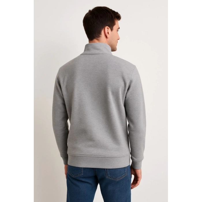 Erkek Dik Yaka Sweatshirt Dik Yaka Yarım Fermuarlı 3 İplik Şardonlu Pamuk Kumaş - Gri