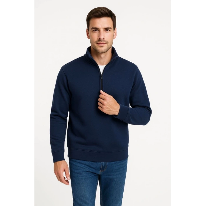 Erkek Dik Yaka Sweatshirt Dik Yaka Yarım Fermuarlı 3 İplik Şardonlu Pamuk Kumaş - Lacivert