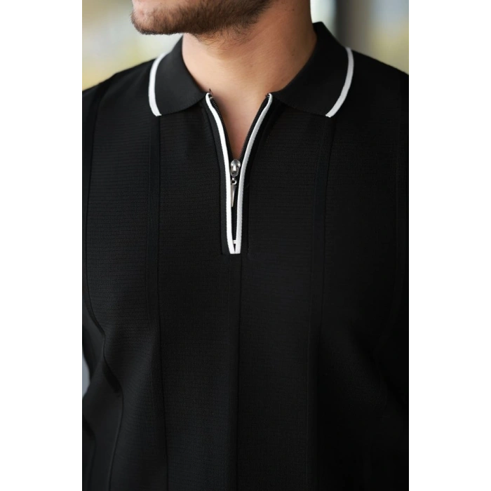 Erkek Dikey Kabartmalı Örgü Dokulu Fermuar Yakalı Tişört