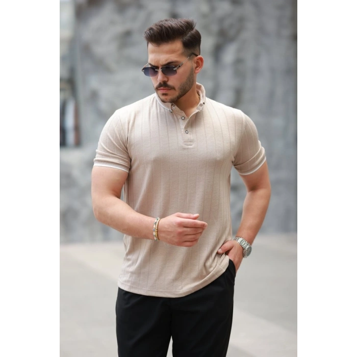 Erkek Düğme Yakalı Jakar Kumaş Kısa Kollu Tişört