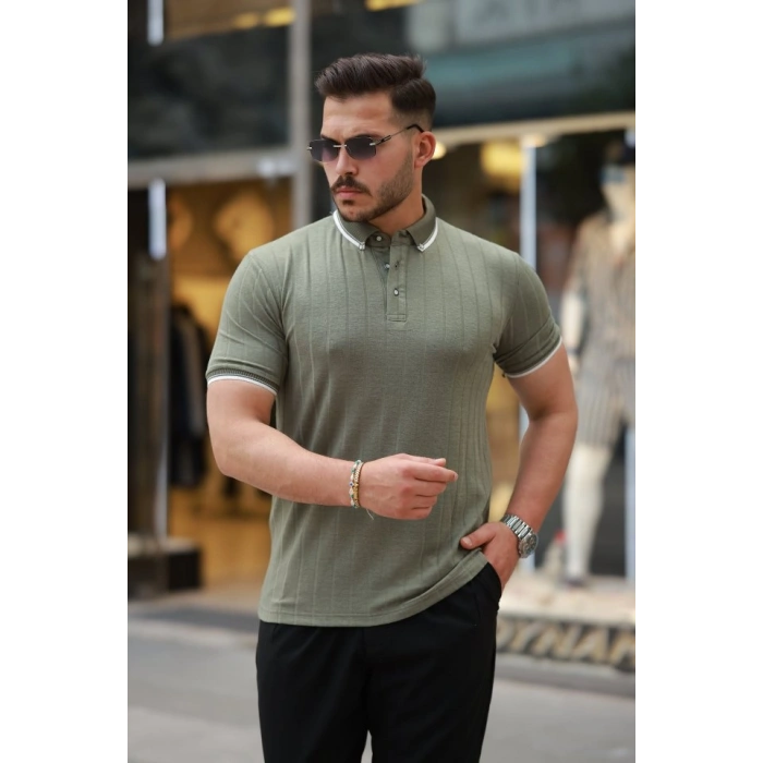 Erkek Düğme Yakalı Jakar Kumaş Kısa Kollu Tişört