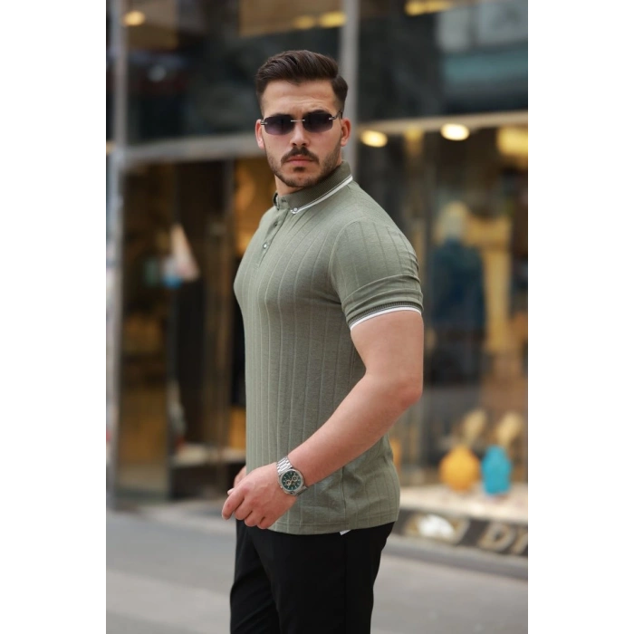 Erkek Düğme Yakalı Jakar Kumaş Kısa Kollu Tişört