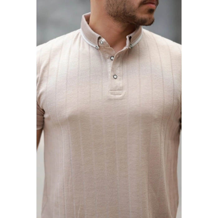 Erkek Düğme Yakalı Jakar Kumaş Kısa Kollu Tişört