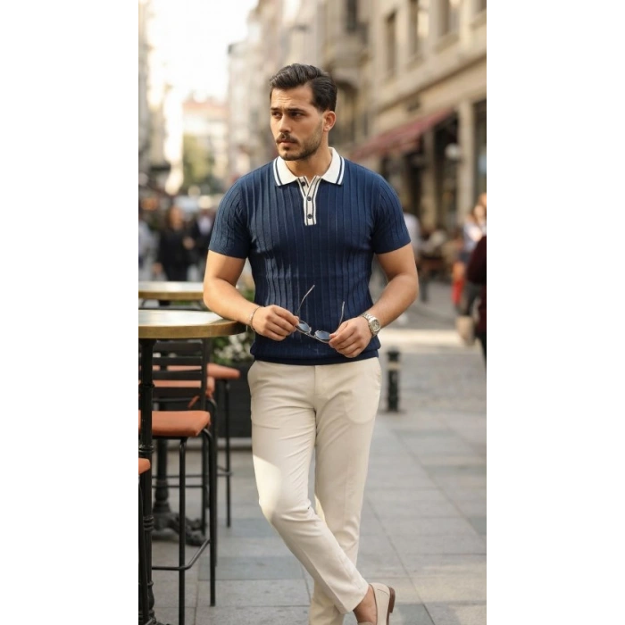 Erkek Düğme Yakalı Kontrast Yaka Triko Tişört