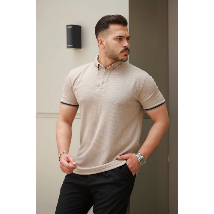 Erkek Düğmeli Yaka Waffle Kumaş Kısa Kollu Tişört