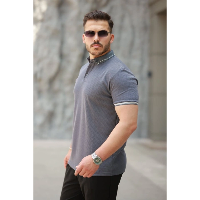 Erkek Düğmeli Yaka Waffle Kumaş Kısa Kollu Tişört