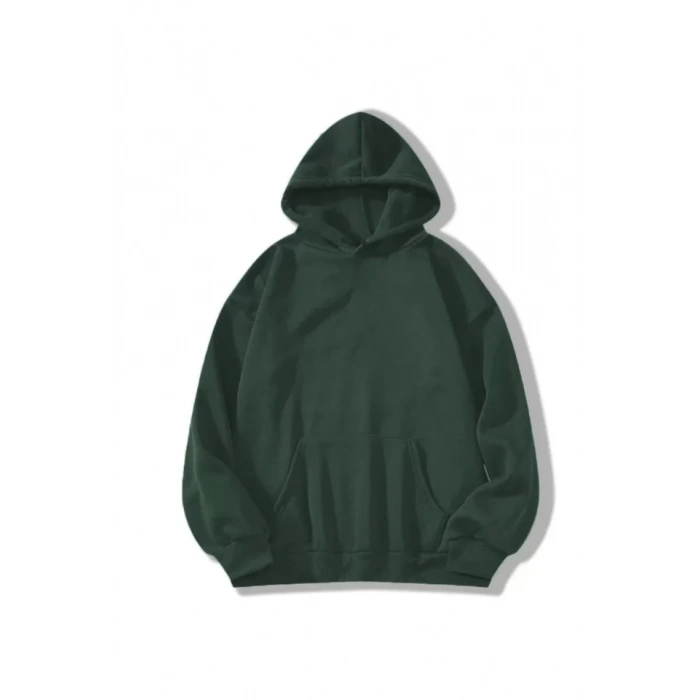 Erkek Düz Kapüşonlu Sweat - Koyu Yeşil