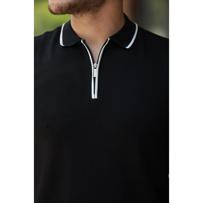 Erkek Fermuar Yakalı çizgi Detaylıkısa Kollu Tişört