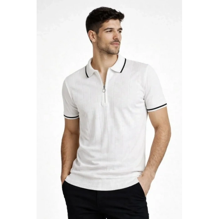 Erkek Fermuarlı Yaka Fitilli Triko Kısa Kollu Regular Fit Tişört T-shirt - Beyaz