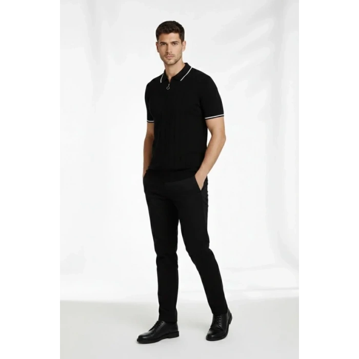 Erkek Fermuarlı Yaka Fitilli Triko Kısa Kollu Regular Fit Tişört T-shirt - Siyah