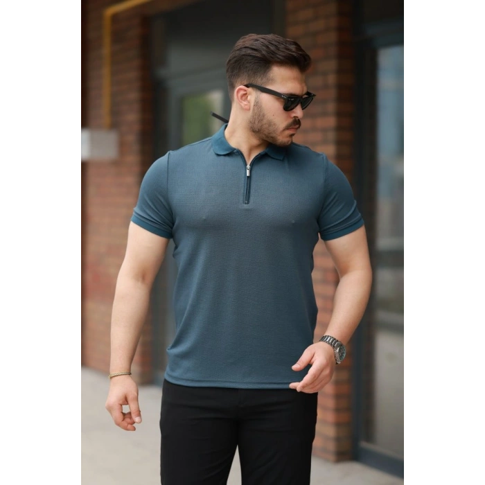Erkek Fermuarlı Yaka Kısa Kollu Tişört