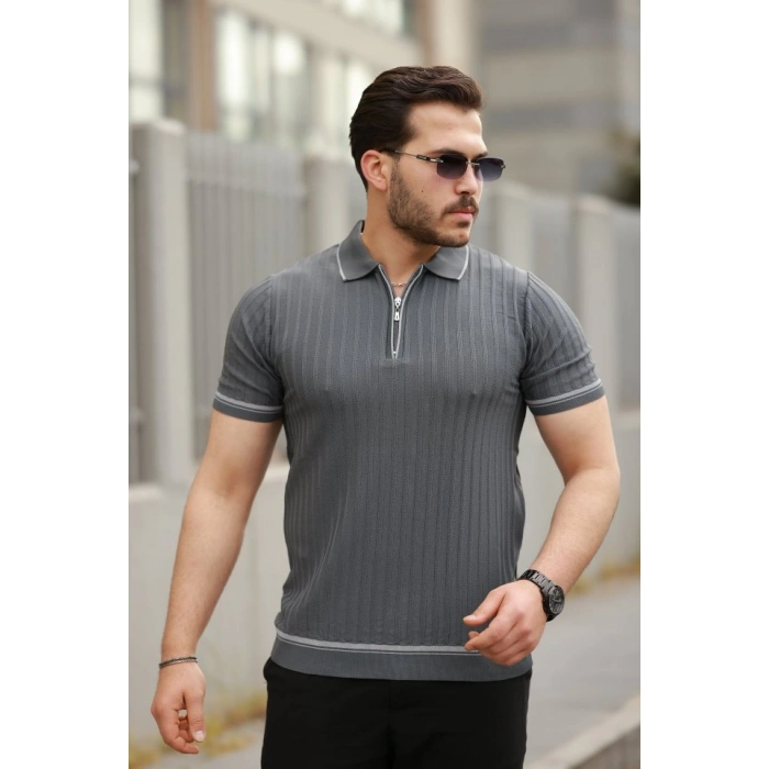 Erkek Fermuarlı Yakalı Kısa Kollu T-shirt