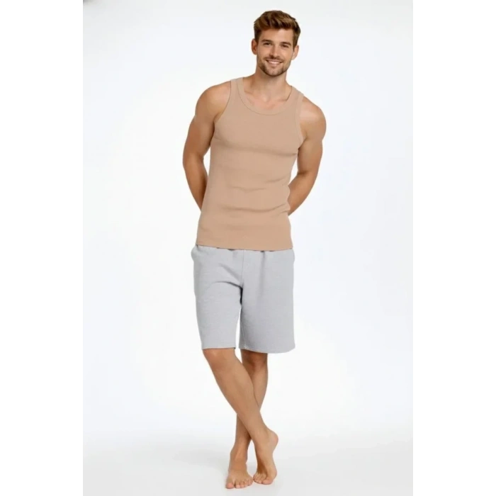 Erkek Fitilli Atlet Sıfır Yaka Slim Fit Arka Baskılı Spor Atlet - Bej