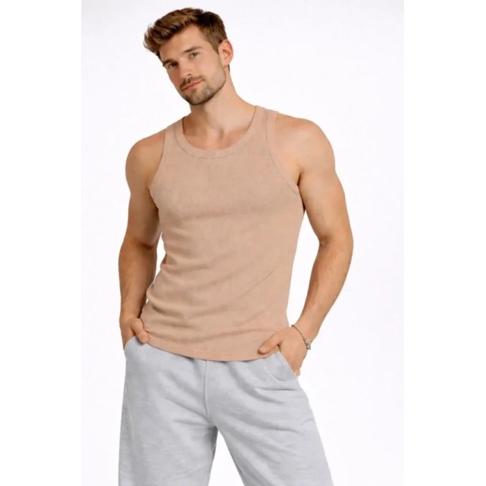 Erkek Fitilli Atlet Sıfır Yaka Slim Fit Arka Baskılı Spor Atlet - Bej