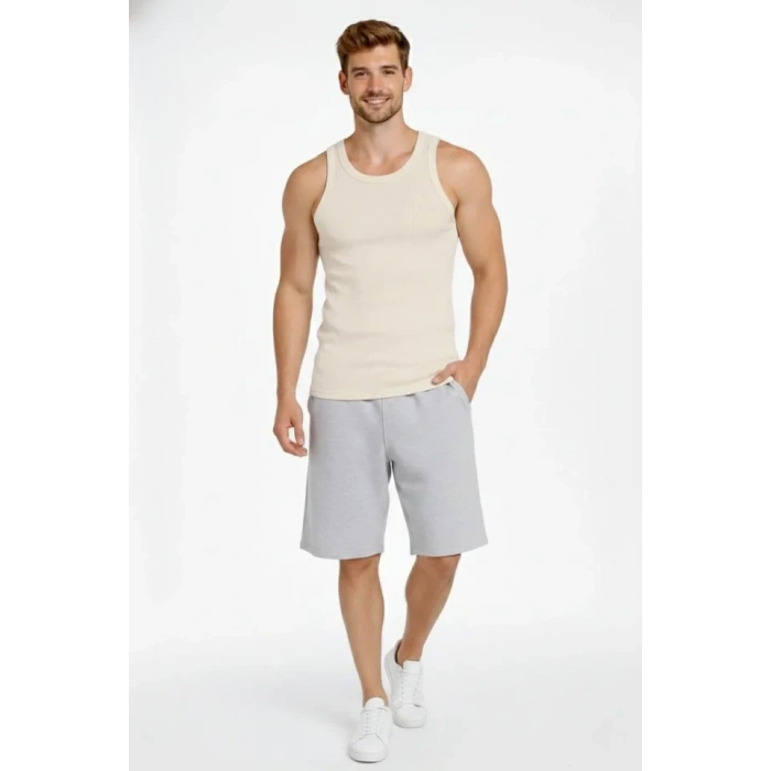 Erkek Fitilli Atlet Sıfır Yaka Slim Fit Arka Baskılı Spor Atlet - Krem