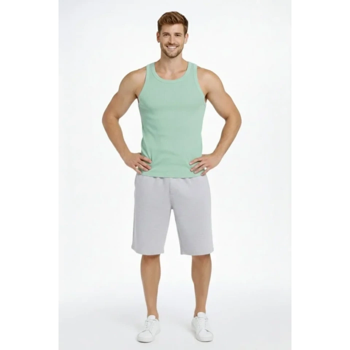 Erkek Fitilli Atlet Sıfır Yaka Slim Fit Arka Baskılı Spor Atlet - Mint Yeşili