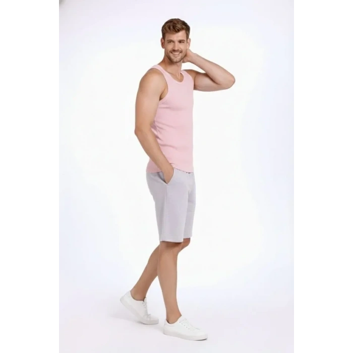 Erkek Fitilli Atlet Sıfır Yaka Slim Fit Arka Baskılı Spor Atlet - Pembe