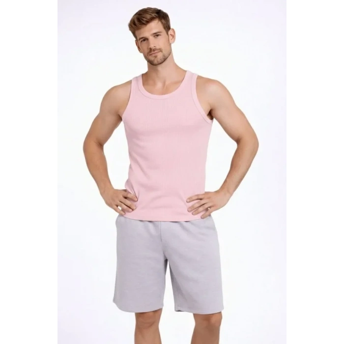 Erkek Fitilli Atlet Sıfır Yaka Slim Fit Arka Baskılı Spor Atlet - Pembe