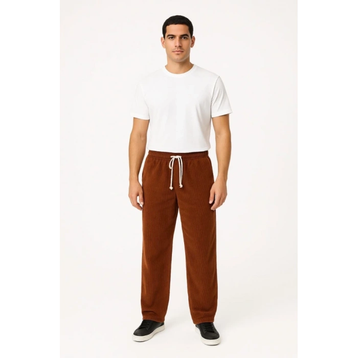Erkek Fitilli Kadife Cepli Buggy Pantolon Oversize Rahat Kalıp - Kahverengi