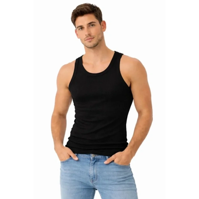 Erkek Fitilli Likralı Kaşkorse Atlet Vücuda Oturan Basic Şıklık - Siyah