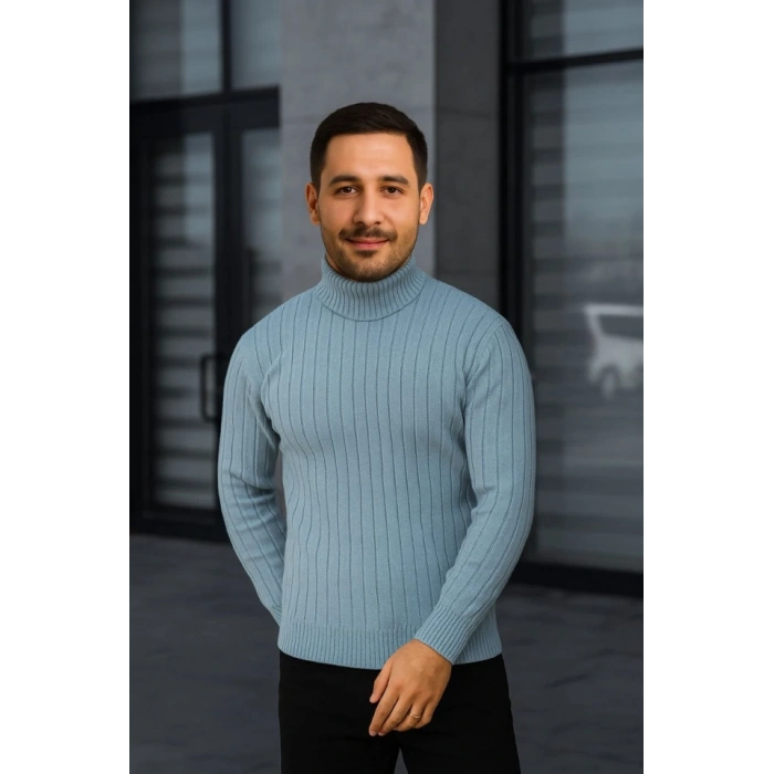 Erkek Fitilli Triko Kazak 2li Set Bebek Mavisi Siyah Regular Balıkcı Yaka Tam Boğazlı Triko Seti Modeli Kazak