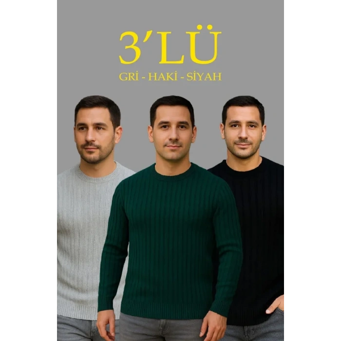 Erkek Fitilli Triko Kazak 3lü Set Gri Haki Siyah Regular Fit Bisiklet Yaka Triko Seti Modeli Kazak