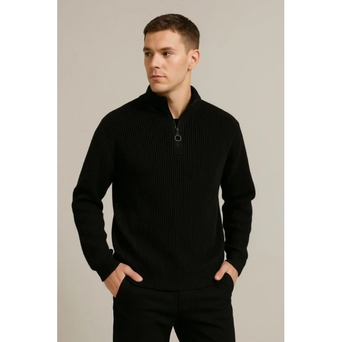 Erkek Fitilli Triko Kazak 3’lü Set – Mint Yeşili, Siyah, Bej Kalın Dokuma Pamuklu Regular Fit V Yaka Fermuarlı Uzun Kollu Rahat Kışlık Kazak Kombini