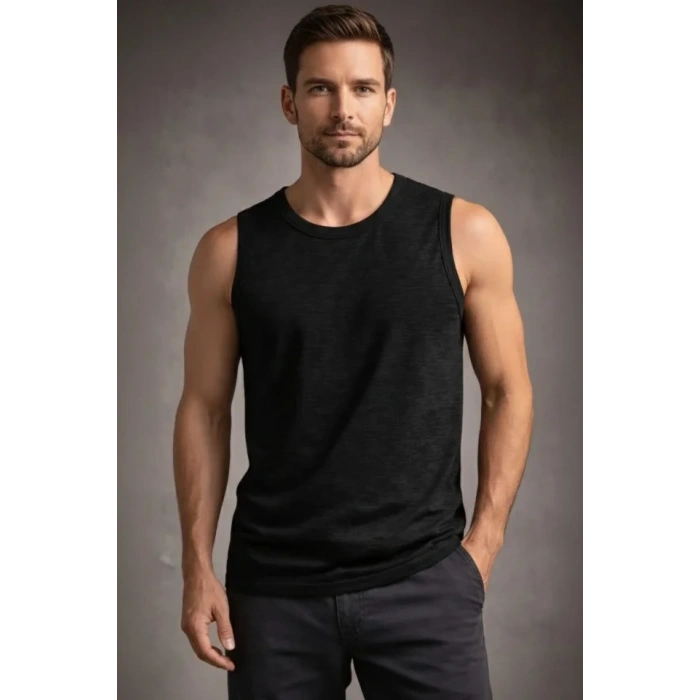 Erkek Flamlı Kumaş Sıfır Kolsuz Atlet Basic Spor Üst, Günlük Ve Fitness Kullanımına Uygun - Siyah