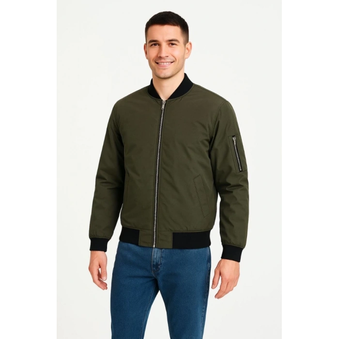 Erkek Içi Astarlı Fermuarlı Bomber Mont Ceket - Haki