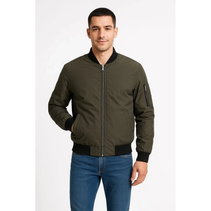 Erkek Içi Astarlı Fermuarlı Bomber Mont Ceket - Haki