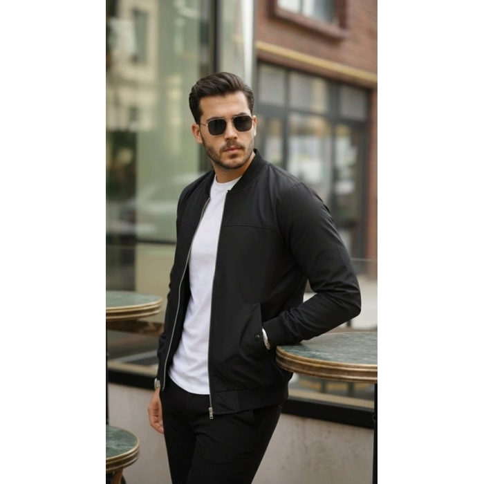 Erkek İçi Astarlı Su Geçirmez Bomber Mevsimlik Ceket - Siyah