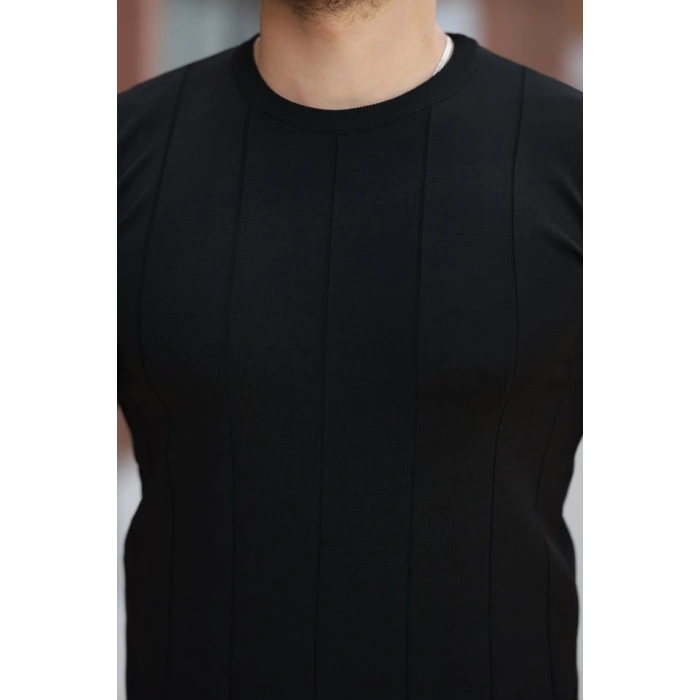 Erkek Ince çizgi Dokulu Bisiklet Yaka Kısa Kollu T-shirt