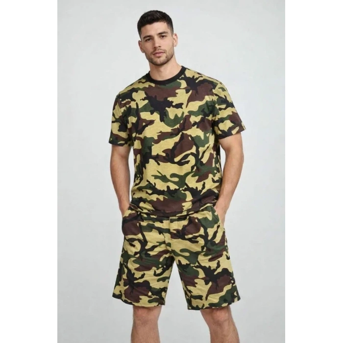 Erkek Kamuflaj Desenli Tişört Şort Takım – Regular Fit Günlük Spor 2’li Yazlık Kombin - Kamuflaj