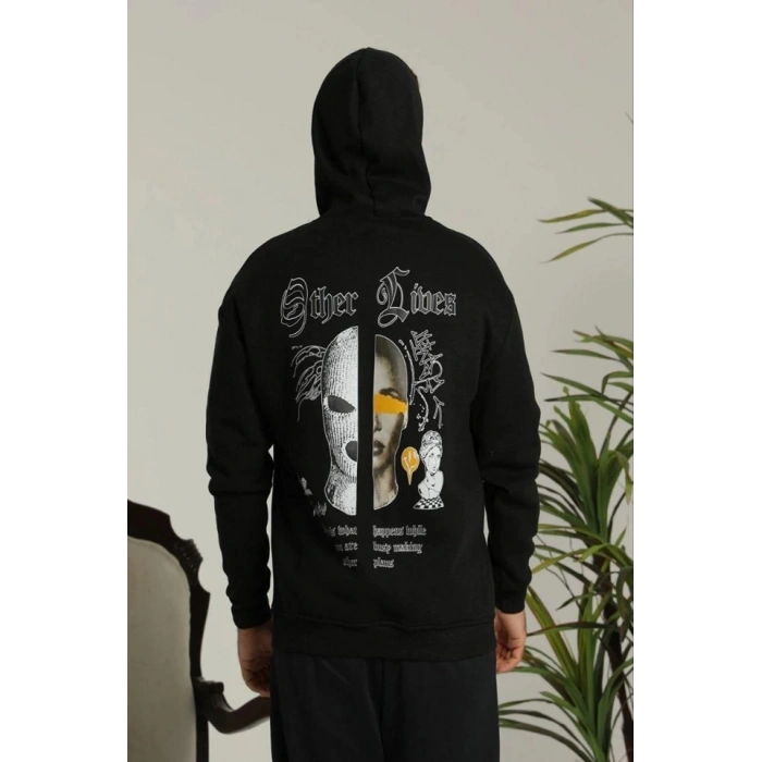 Erkek Kapşonlu Sweatshirt – Oversize Üç İplik Şardonlu Hoodie, “Other Lives” Ön - Arka Baskılı, Kanguru Cepli, Kışlık Rahat Günlük Stil - Siyah