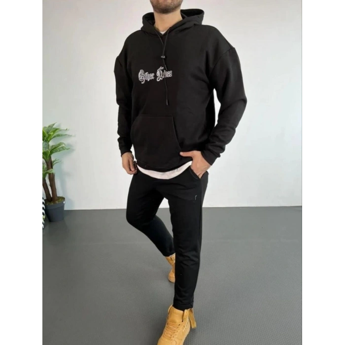Erkek Kapşonlu Sweatshirt – Oversize Üç İplik Şardonlu Hoodie, “Other Lives” Ön - Arka Baskılı, Kanguru Cepli, Kışlık Rahat Günlük Stil - Siyah
