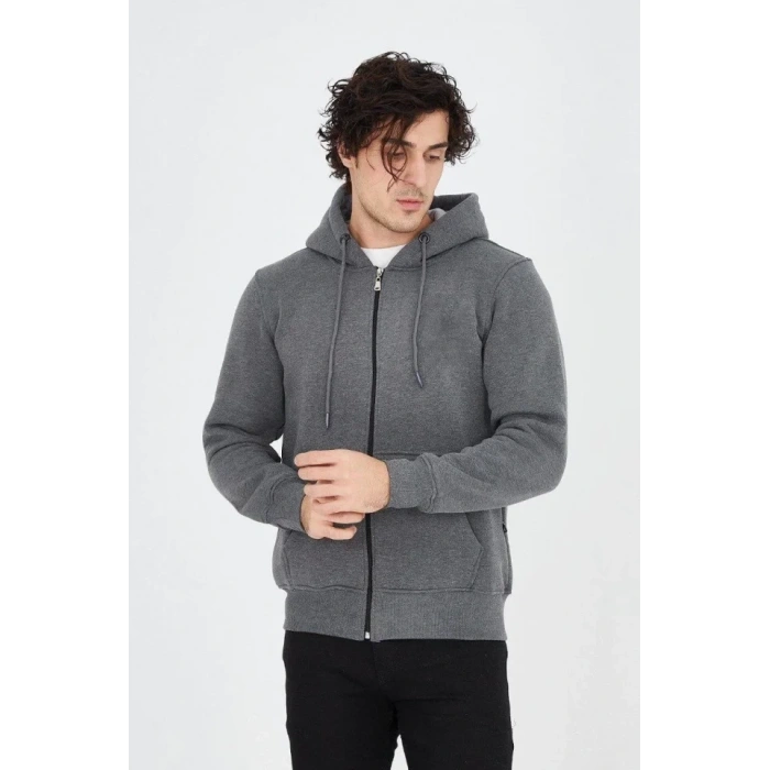 Erkek Kapüşonlu Düz Fermuarlı Hırka - Füme