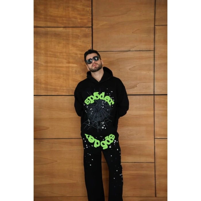 Erkek Kapüşonlu Eşofman Takım Örümcek Ağı Ve Neon Yeşil Baskılı Kanguru Cepli Oversize Rahat Kalıp, Premium Üç İplik Kumaş - Siyah