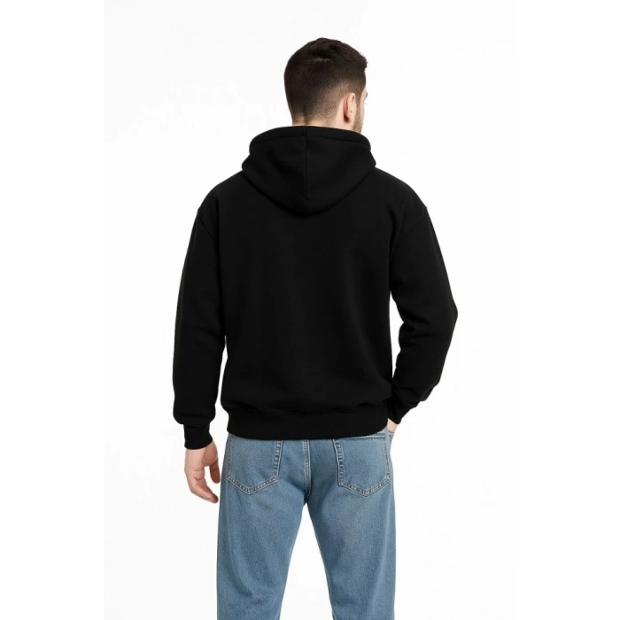 Erkek Kapüşonlu Sweatshirt  Hoodie 3 İplik Şardonlu Pamuklu Kumaş, Önü Baskılı, Fermuarlı Rahat Kalıp, Kışlık Ve Sokak Stili Sweat - Siyah
