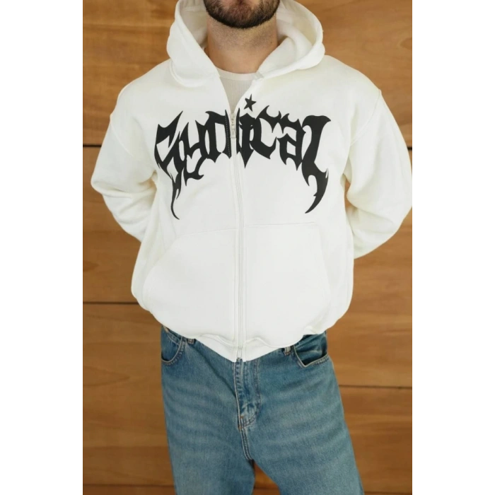 Erkek Kapüşonlu Sweatshirt Hoodie 3 İplik Şardonlu Pamuklu Kumaş, Önü Baskılı, Fermuarlı Rahat Kalıp, Kışlık Ve Sokak Stili Sweat - Beyaz