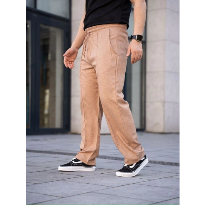 Erkek Keten Cepli Çıma Dikişli Jogger Buggy Pantalon Rahat Kalıp - Kahverengi